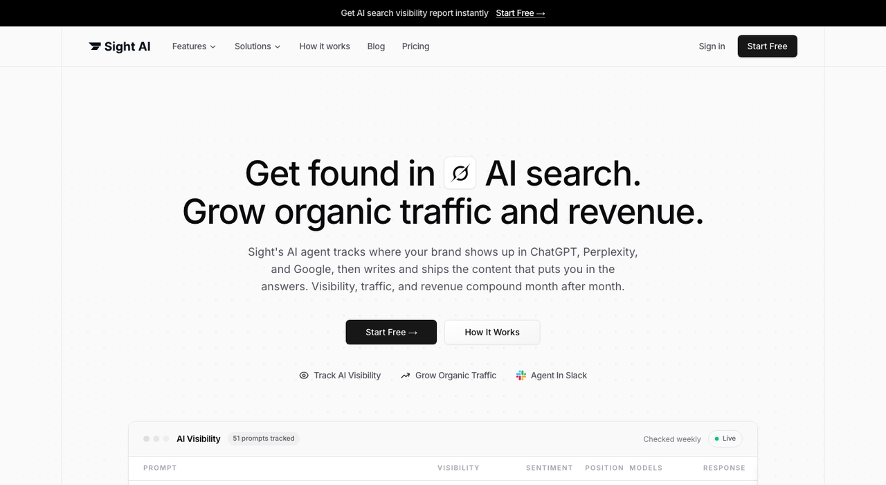 Sight AI homepage: AI visibility tracking across ChatGPT, Perplexity and Google with content generation