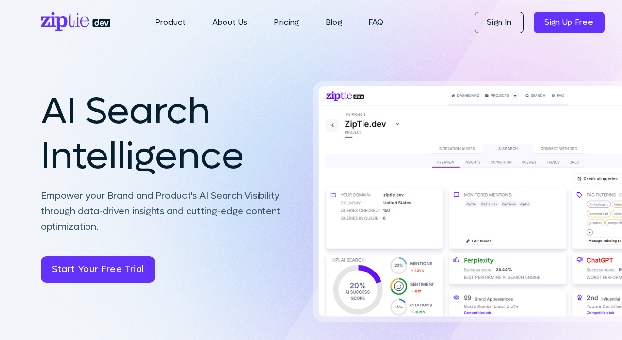 ZipTie homepage — AI Search Intelligence dashboard