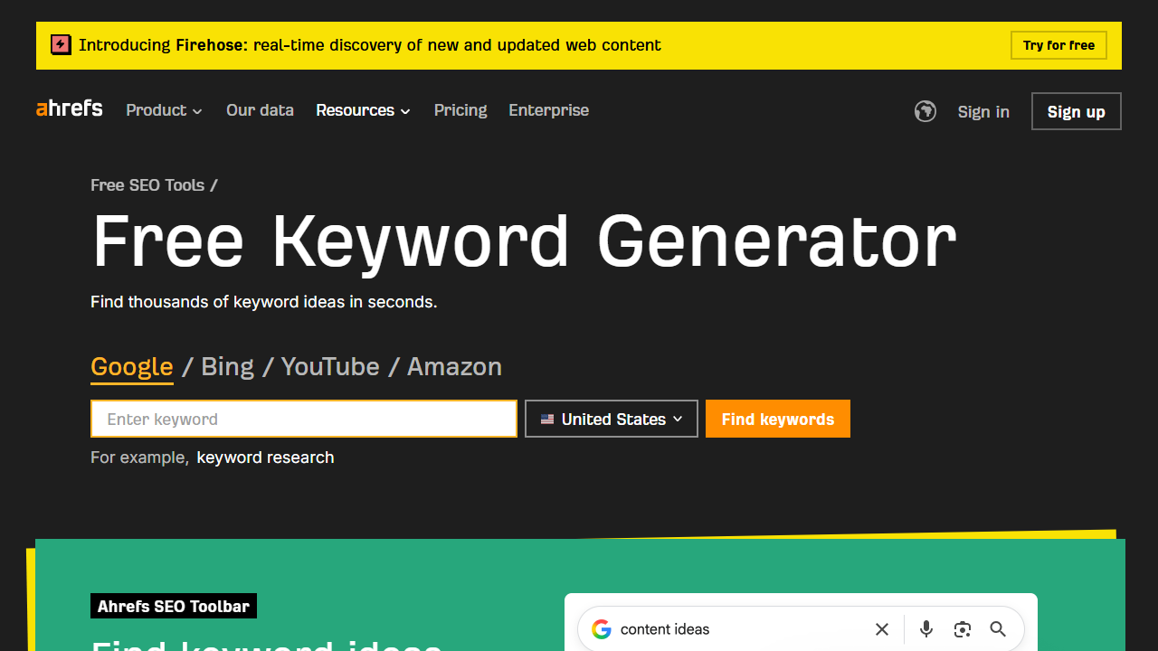 Ahrefs Free Keyword Generator homepage