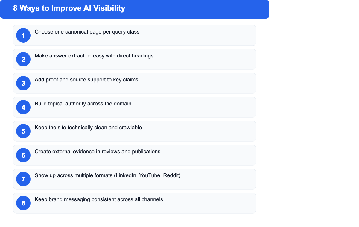 Numbered list of 8 ways to improve AI visibility: canonical page selection, answer extraction, proof and sources, topical authority, technical hygiene, external evidence, multi-format presence, and consistent messaging