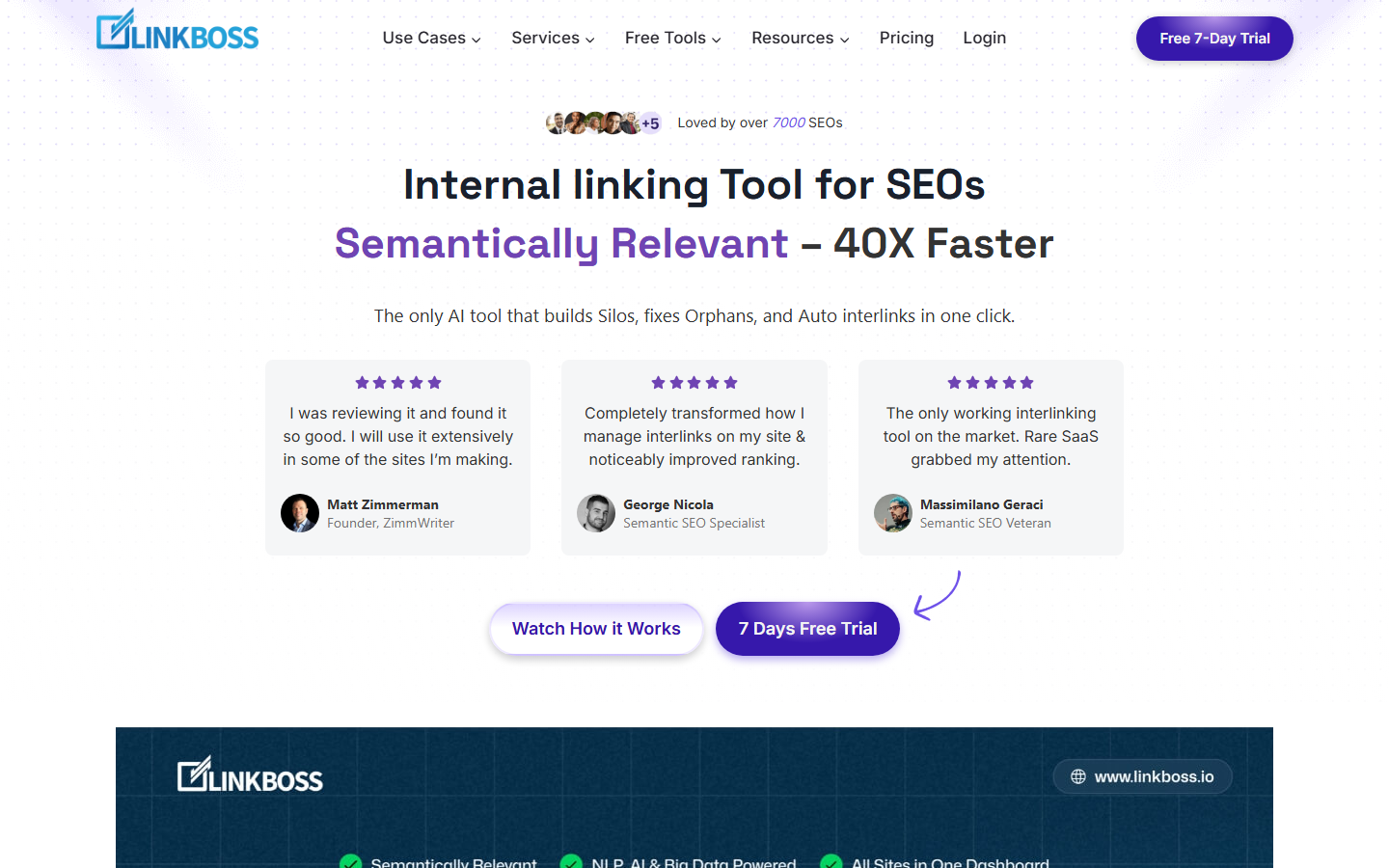 LinkBoss homepage — AI-powered bulk internal linking for WordPress