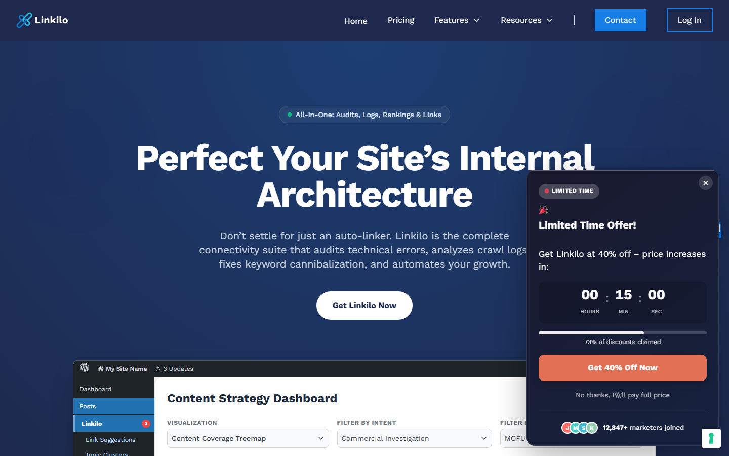 Linkilo homepage — WordPress internal linking with cannibalization detection