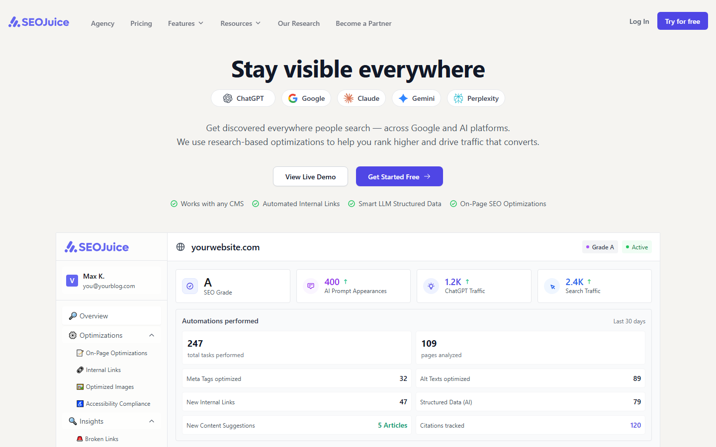 SEOJuice homepage — automated internal linking and on-page SEO tool