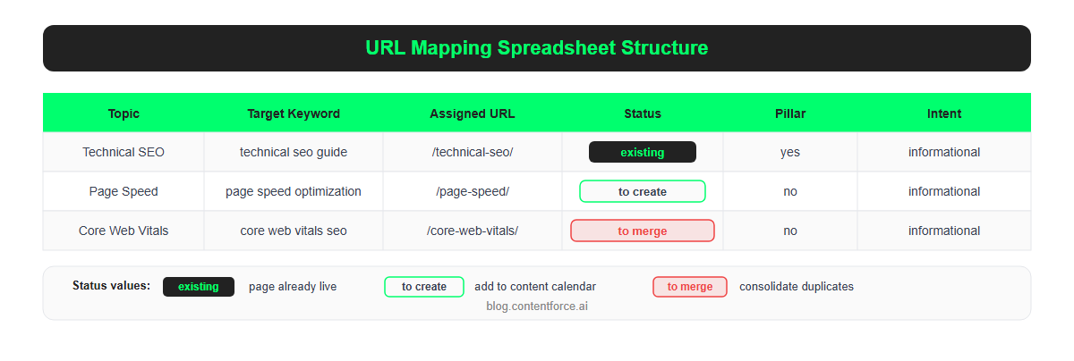 URL mapping spreadsheet structure for a topical map showing Topic, Target Keyword, Assigned URL, Status, Pillar, and Intent columns
