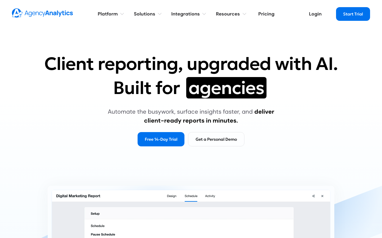 AgencyAnalytics client reporting homepage