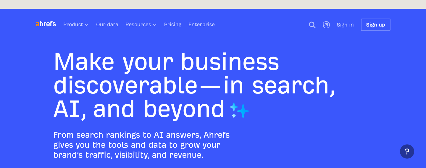 Ahrefs homepage, an SEO platform with a Competing Domains similar sites report