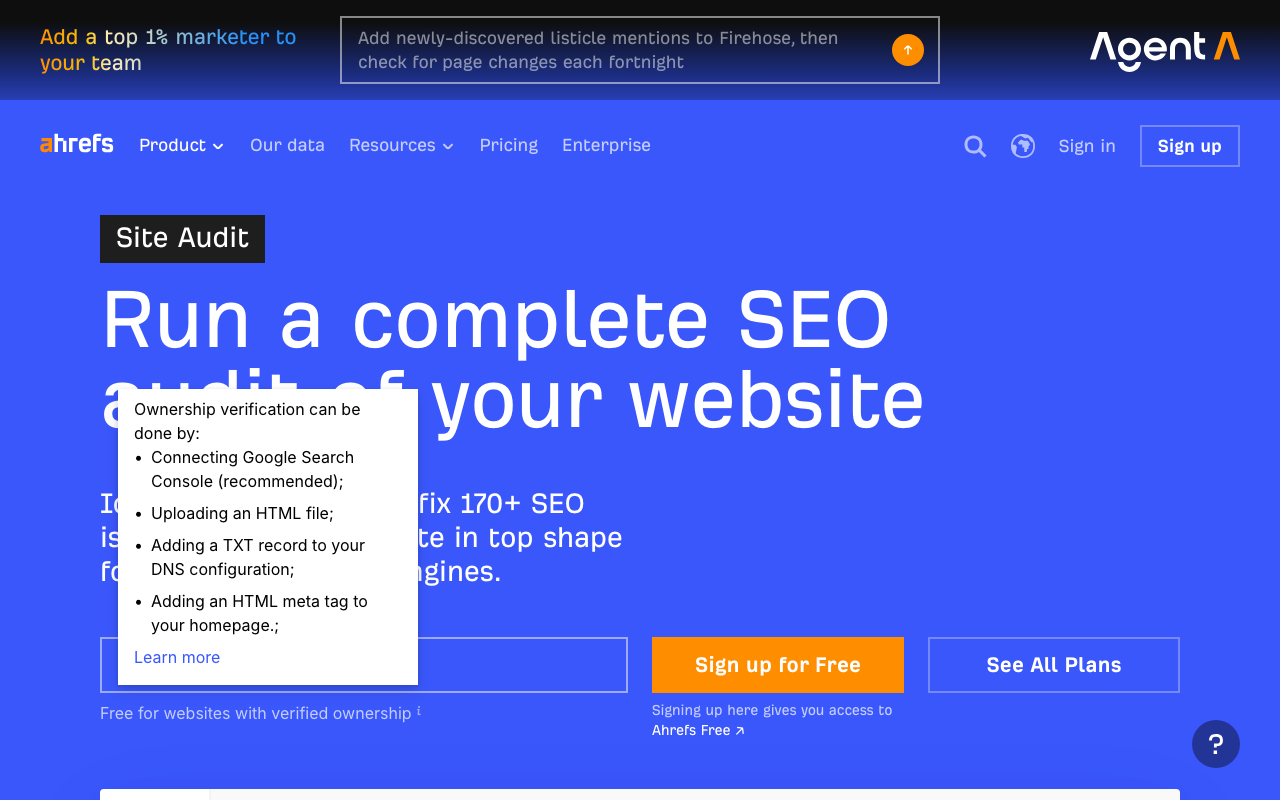 Ahrefs Site Audit feature page screenshot