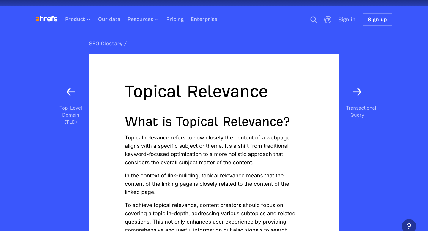 Ahrefs SEO Glossary defining topical relevance