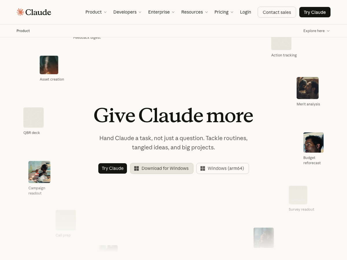 Screenshot of the Claude product page showing the Give Claude more task-handoff feature