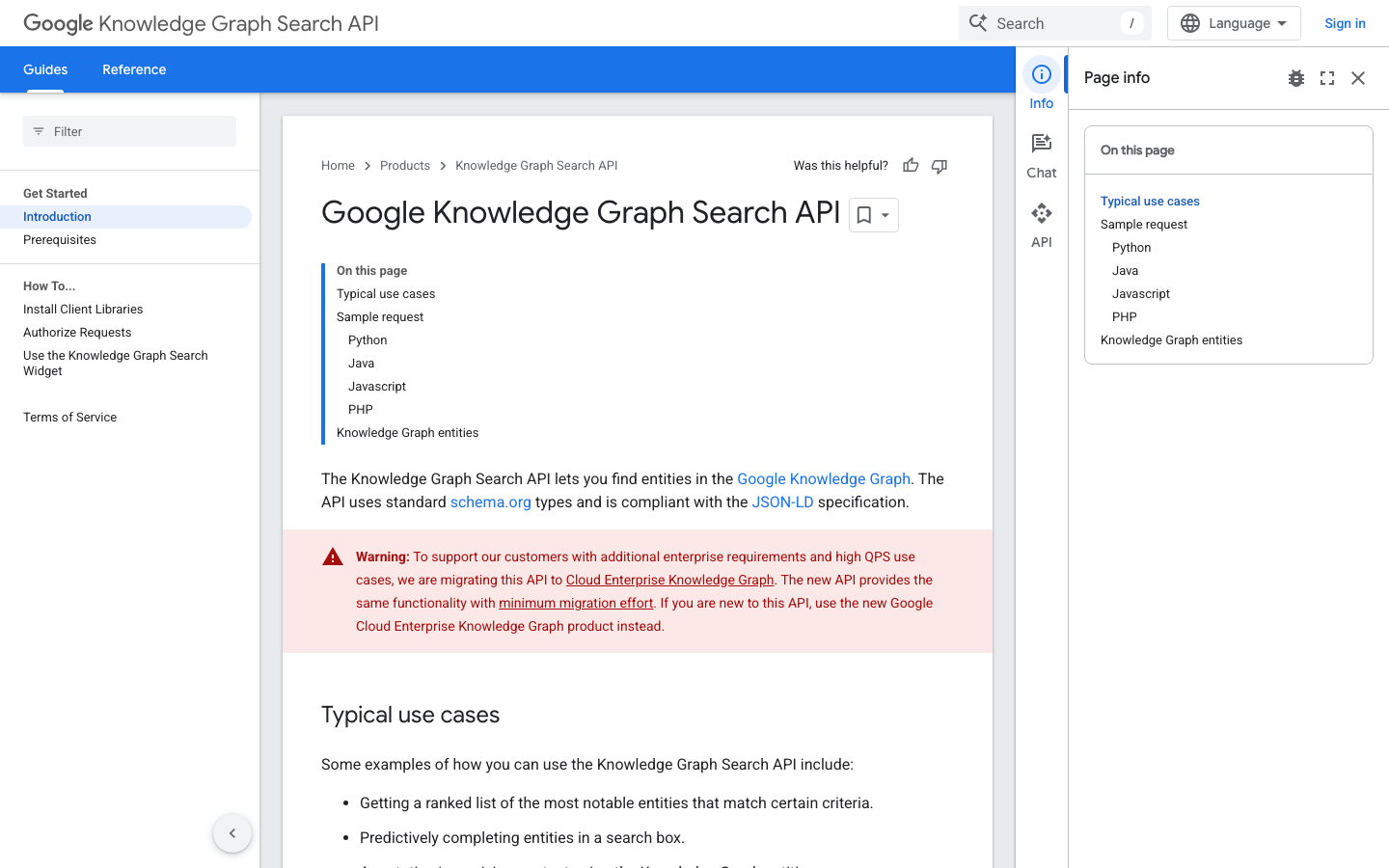 Google Knowledge Graph Search API documentation page showing typical use cases for finding entities in the Knowledge Graph