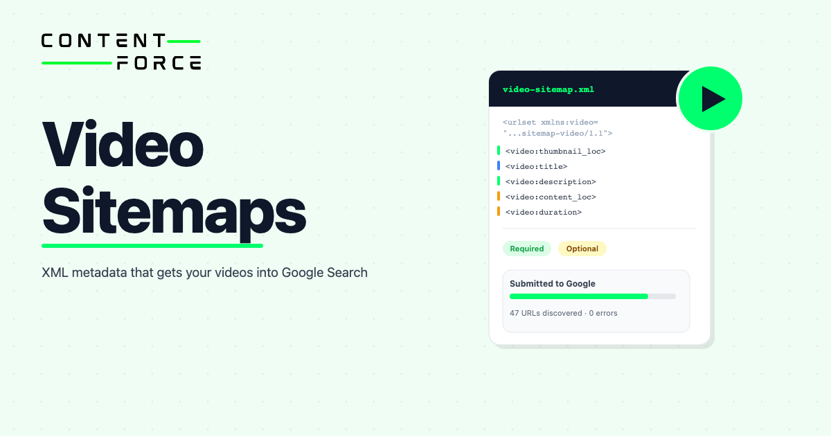 Video sitemap XML file structure showing required tags including video:thumbnail_loc, video:title, video:description