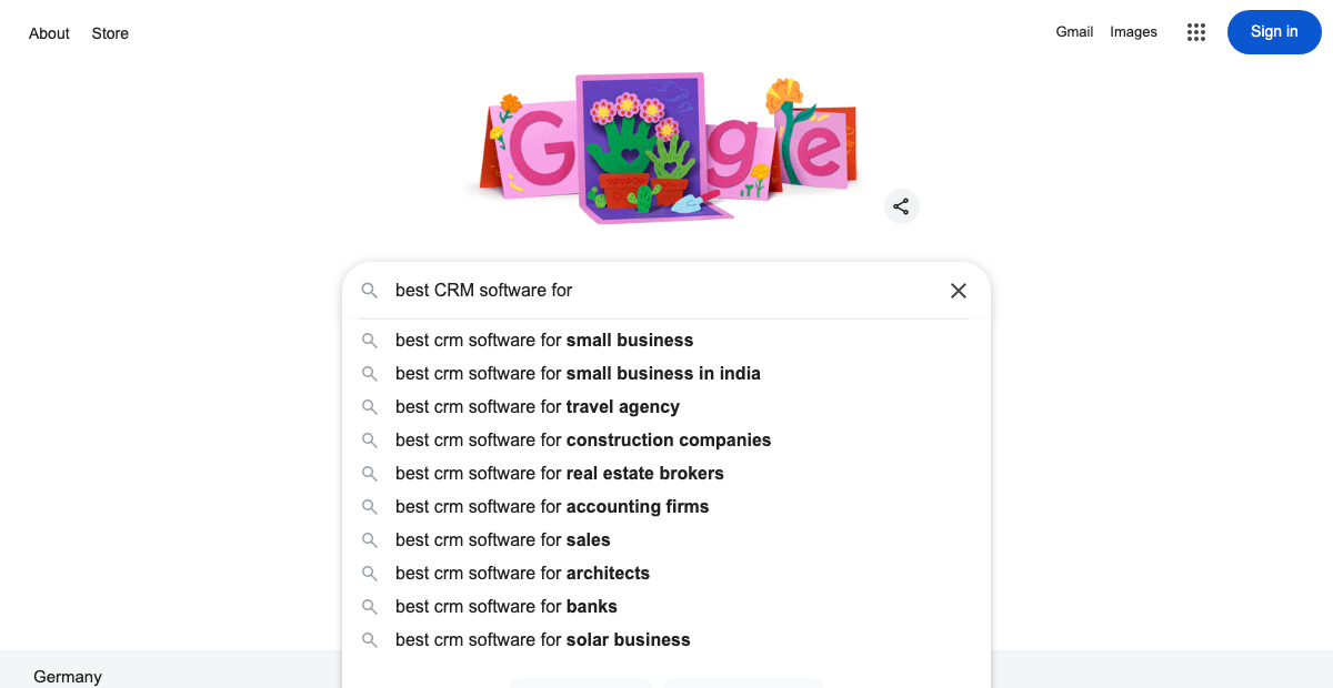 Google autocomplete high intent suggestions for best CRM software for