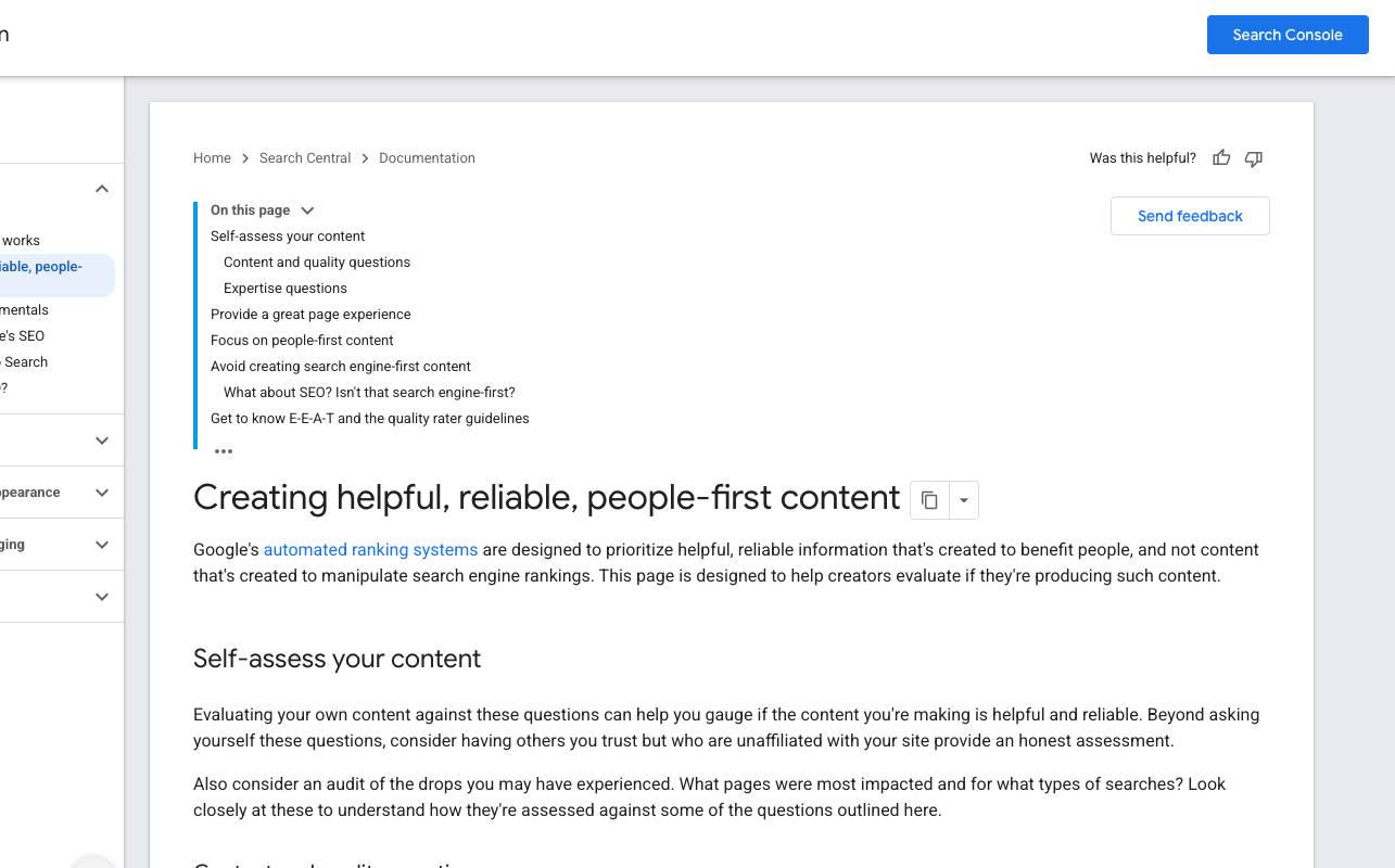 Google Search Central documentation: Creating helpful, reliable, people-first content - showing the self-assessment questions for content quality