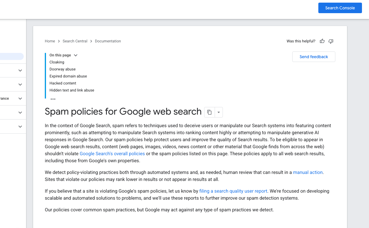 Google Search Central spam policies documentation page covering scaled content abuse and AI-generated content policies