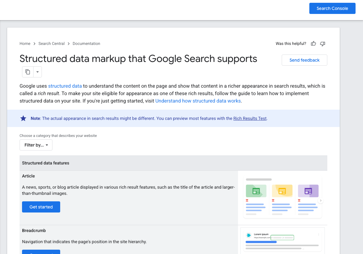 Google Search Central documentation showing structured data markup types that Google Search supports