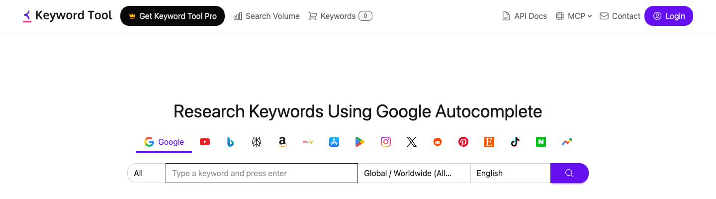 The KeywordTool.io homepage with its search box and platform icons a visitor can switch between before searching.