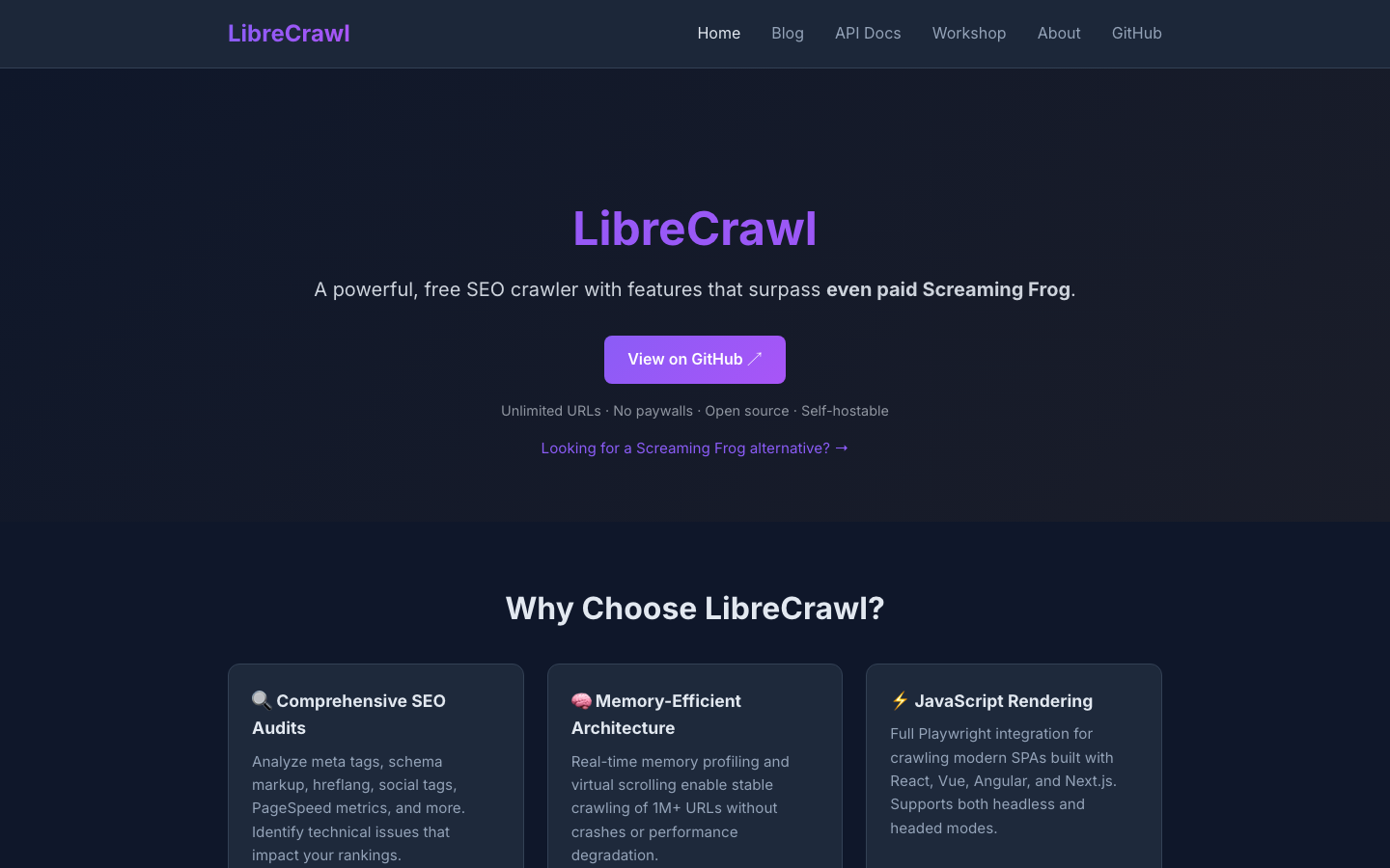 LibreCrawl open-source SEO crawler homepage screenshot