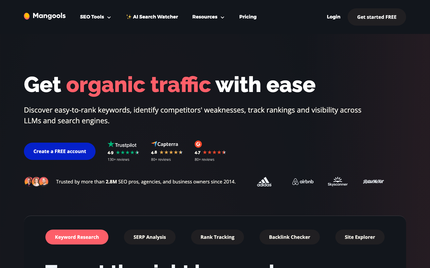 Mangools SERPWatcher rank tracker homepage screenshot