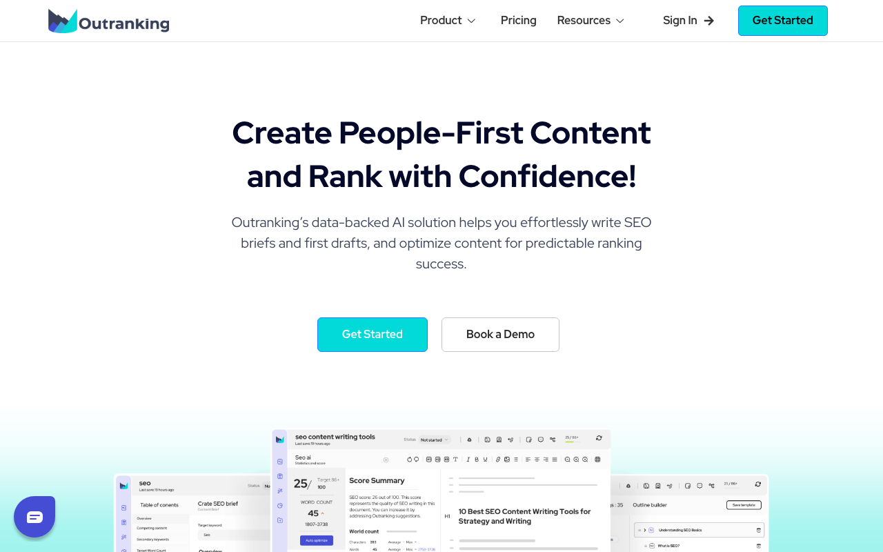 Outranking homepage showing the automated brief-to-draft content workflow