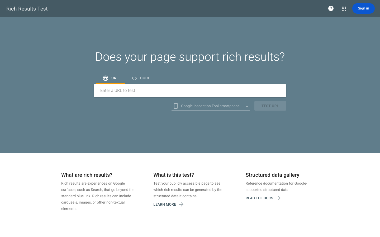 Google Rich Results Test tool interface at search.google.com/test/rich-results
