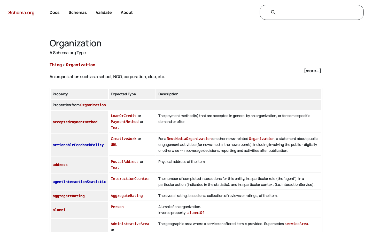 Schema.org Organization type reference showing available properties like name, url, logo, sameAs, and address