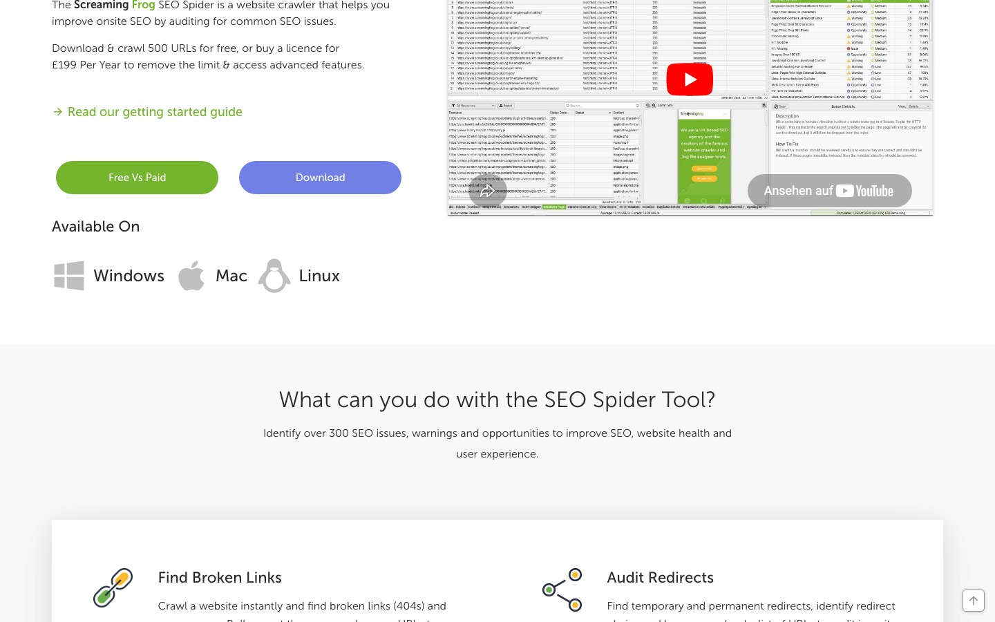 Screaming Frog SEO Spider crawl interface showing URL list with status codes and technical SEO issues panel