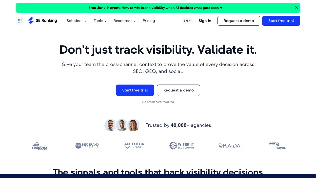 SE Ranking SEO tracking software homepage
