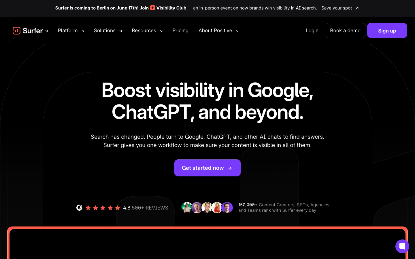 Surfer SEO homepage showing Boost visibility in Google ChatGPT and beyond with 150,000 plus users