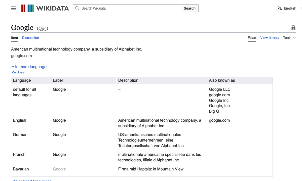 Wikidata entity page for Google (Q95) showing the entity identifier, labels, descriptions and aliases that feed Google's Knowledge Graph