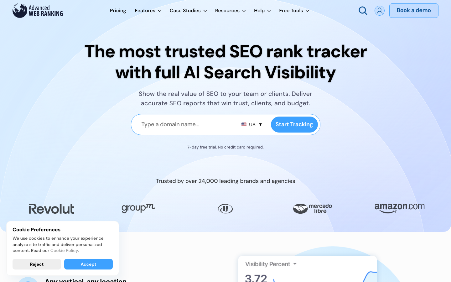 Advanced Web Ranking white-label rank tracking tool homepage screenshot