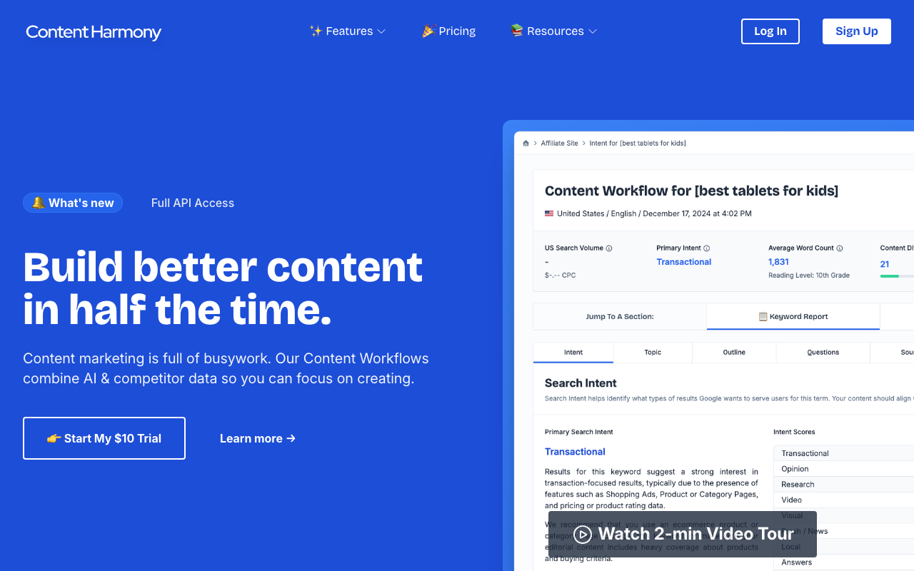Content Harmony homepage showing the brief-focused content workflow