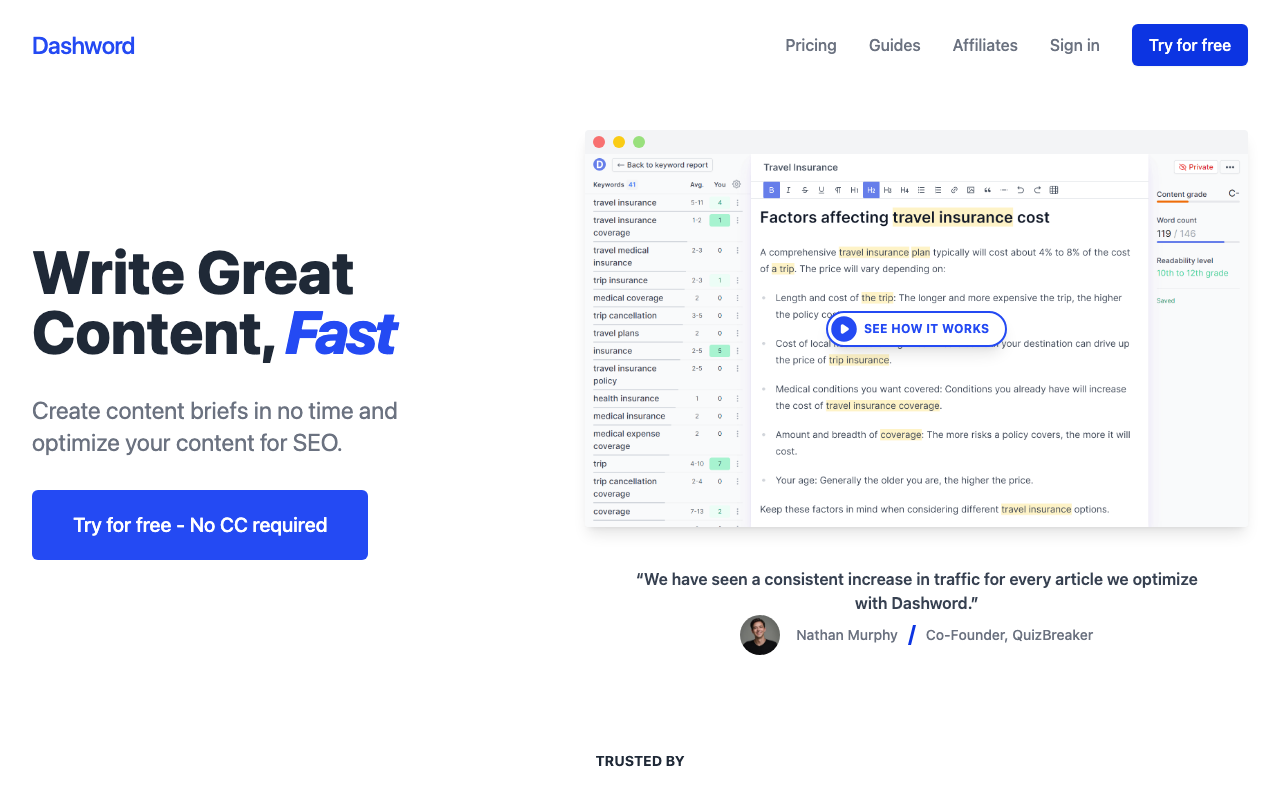 Dashword homepage showing the content brief and scoring dashboard
