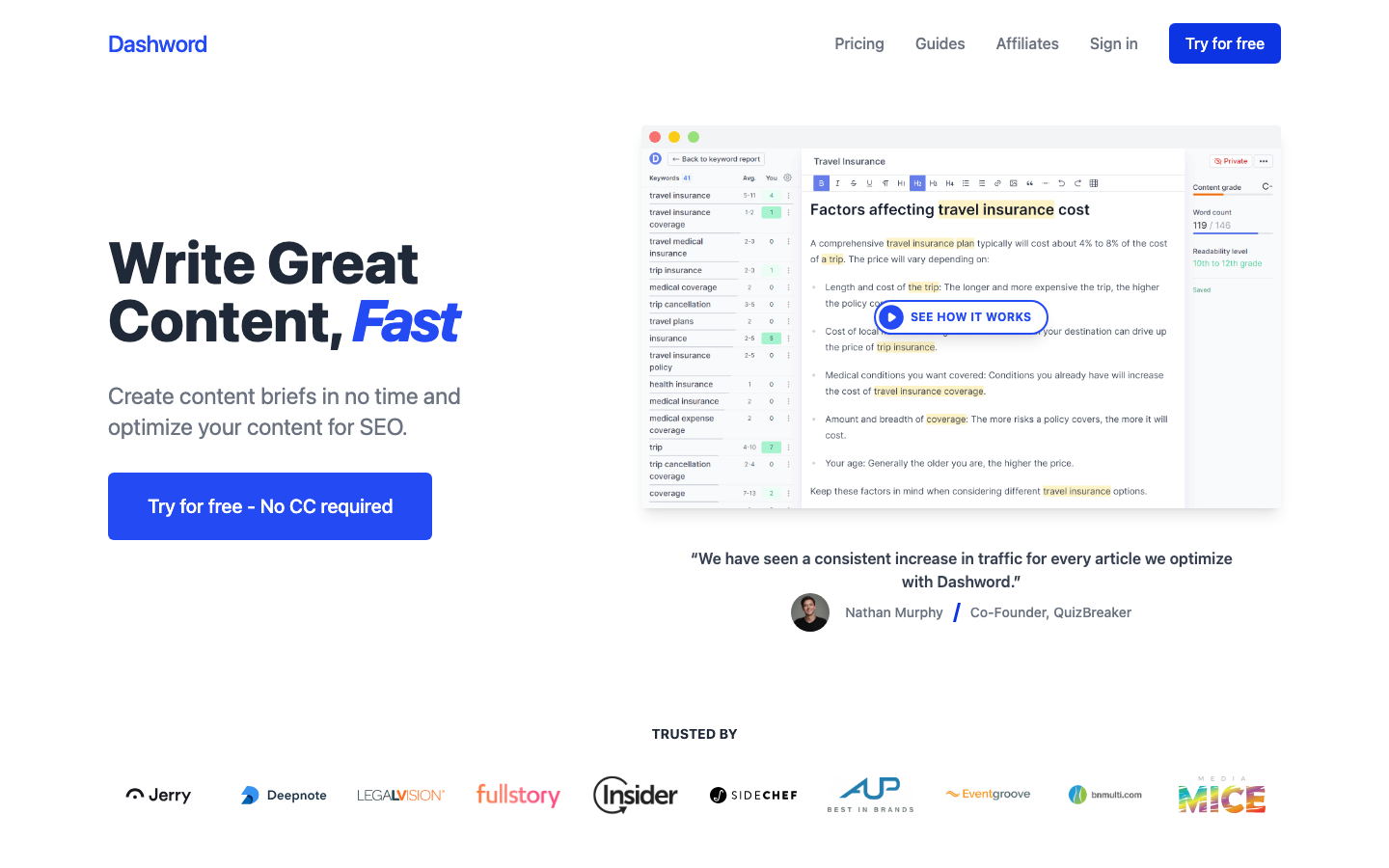 Dashword homepage screenshot