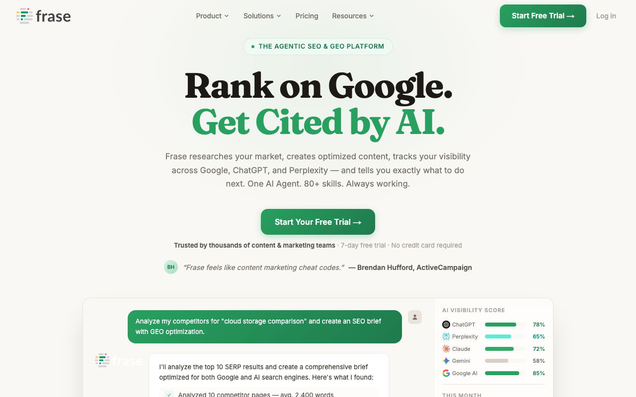 Frase homepage showing the research and brief creation workflow