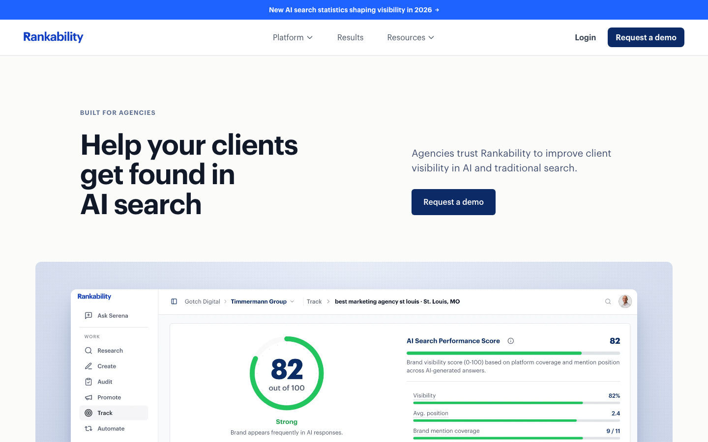 Rankability homepage - AI search visibility tracking for agencies