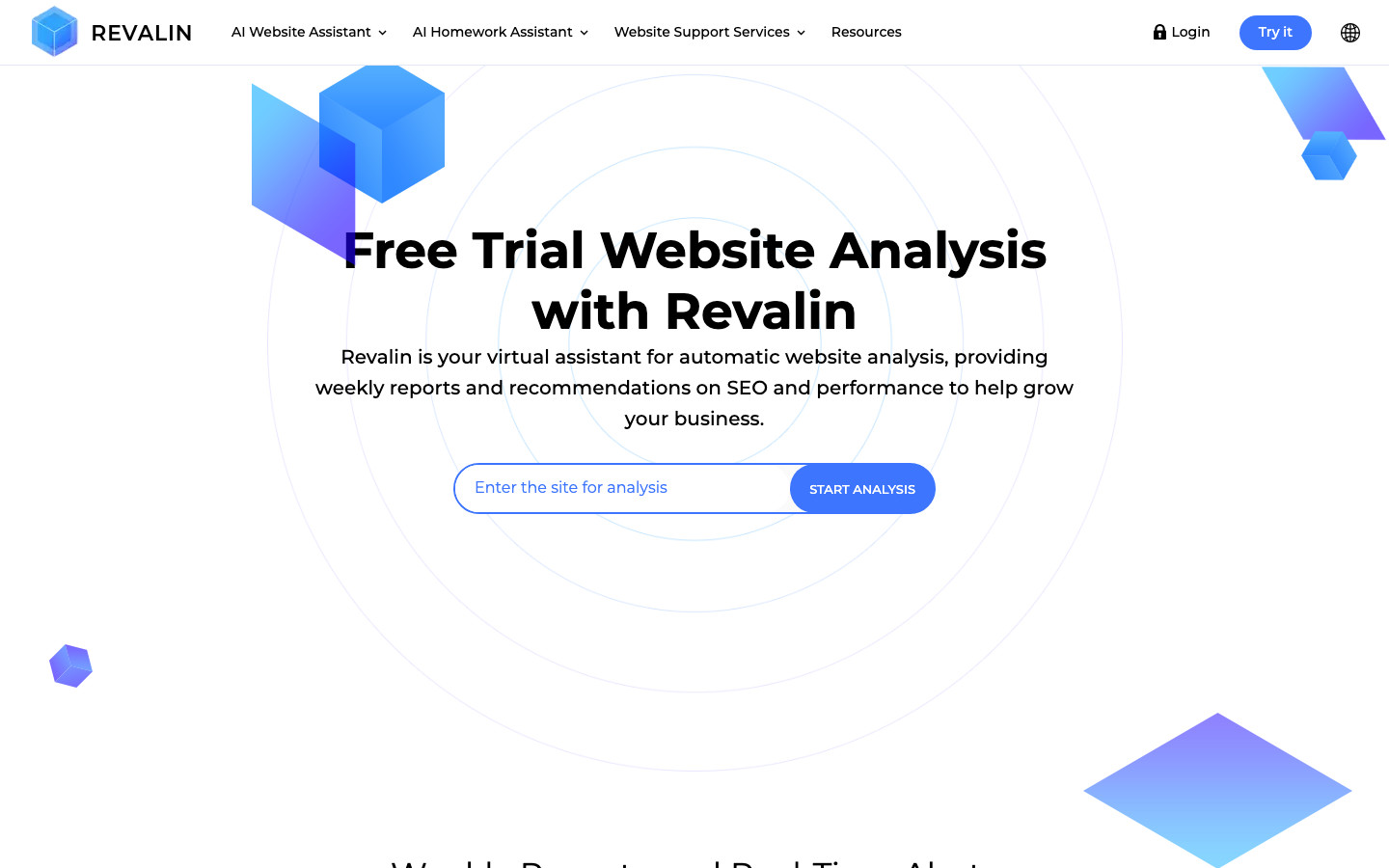 Revalin homepage offering website analysis alongside similar site discovery