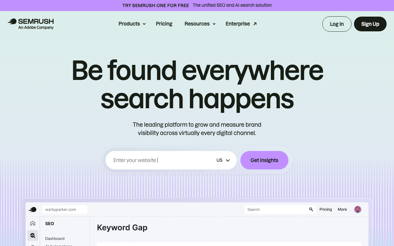 Semrush SEO tracking software homepage