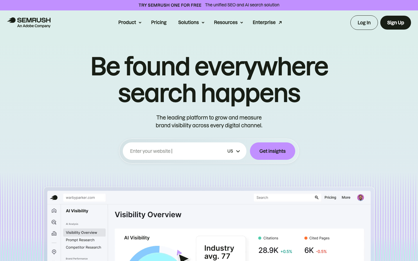 Semrush homepage, an SEO platform with a Competitors similar sites feature