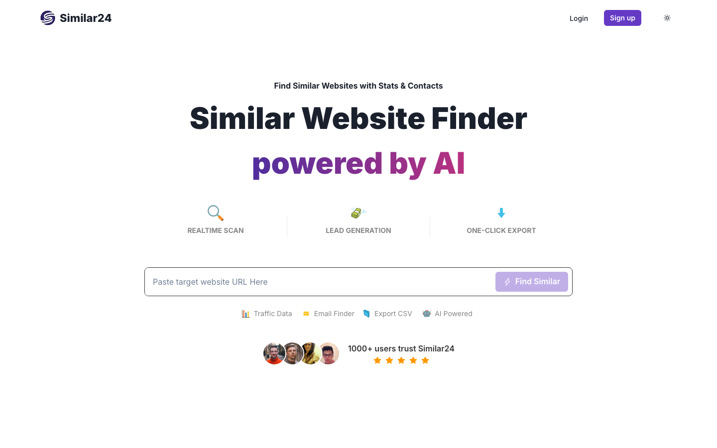 Similar24 homepage, an AI-powered similar website finder with contact data