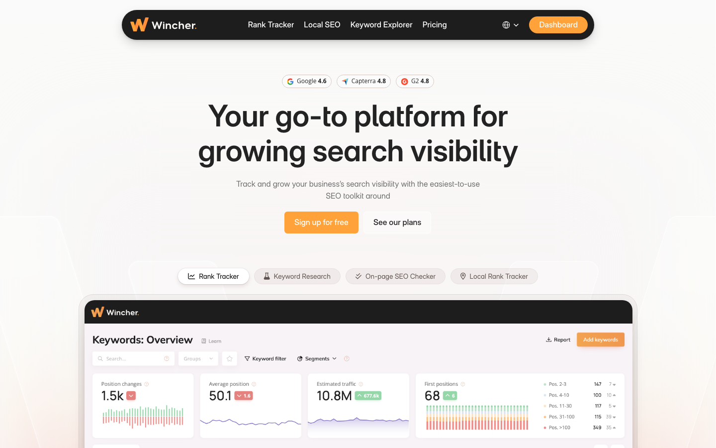 Wincher SEO rank tracker homepage screenshot