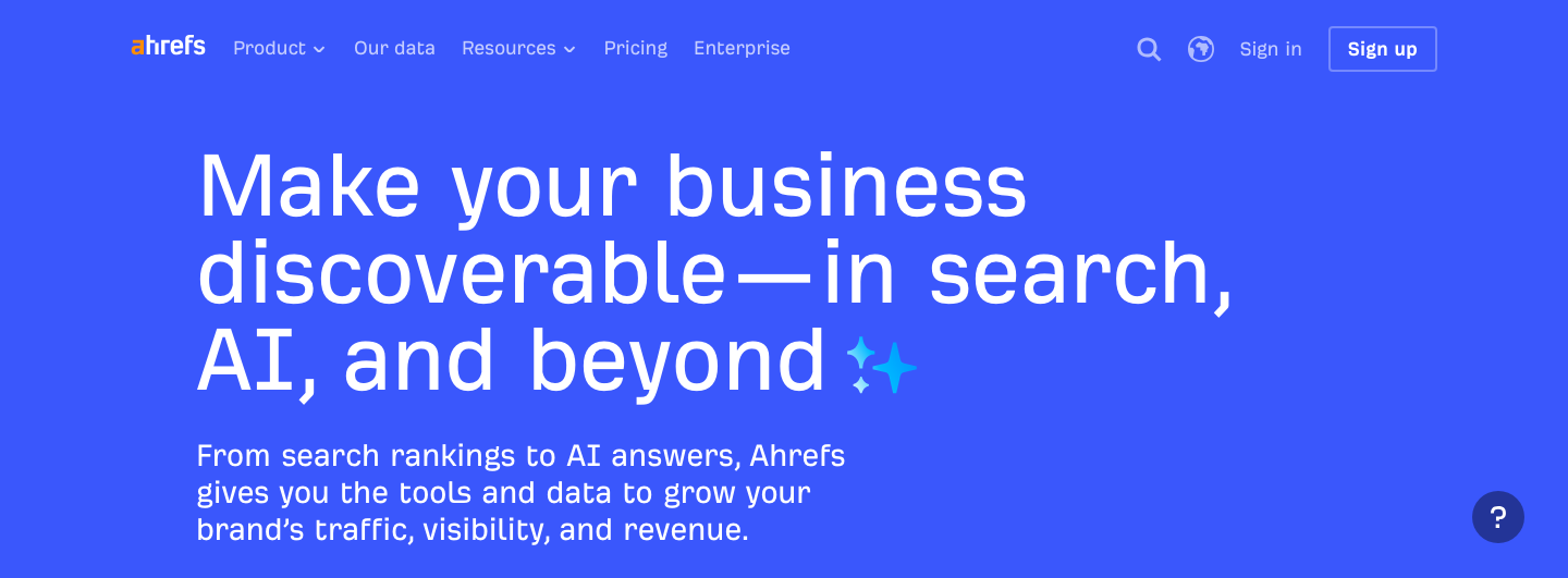 Ahrefs homepage showing the SEO platform that houses its Keywords Explorer clustering feature