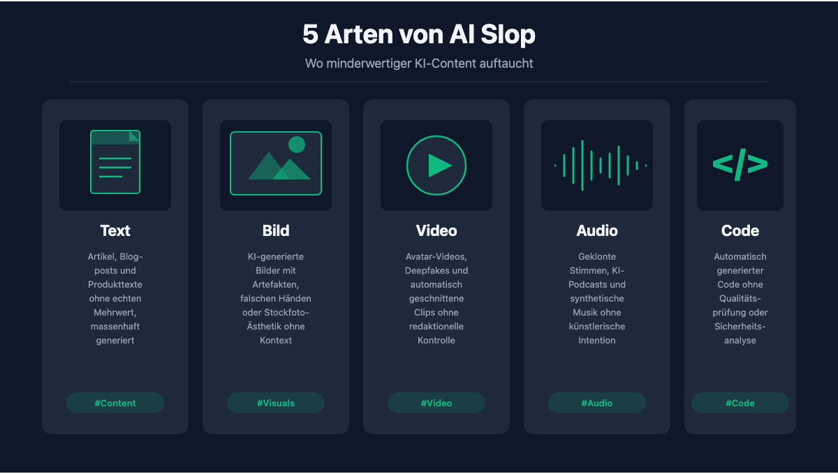 5 Arten von AI Slop: Text, Bild, Video, Audio und Code im Ueberblick