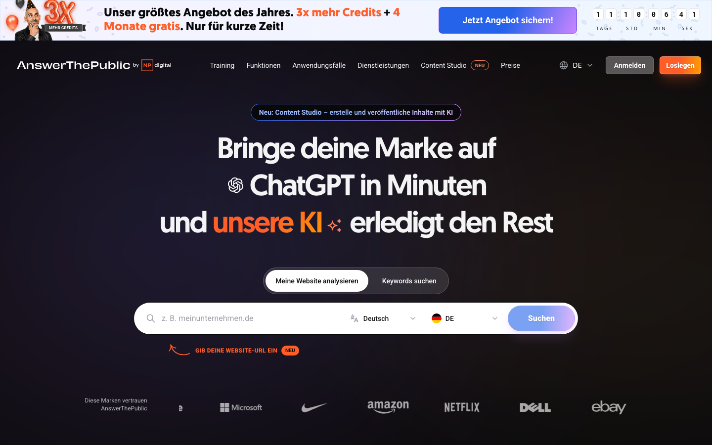 Screenshot der Keyword-Tool-Oberfläche von AnswerThePublic mit Suchfeld für Keyword-Ideen