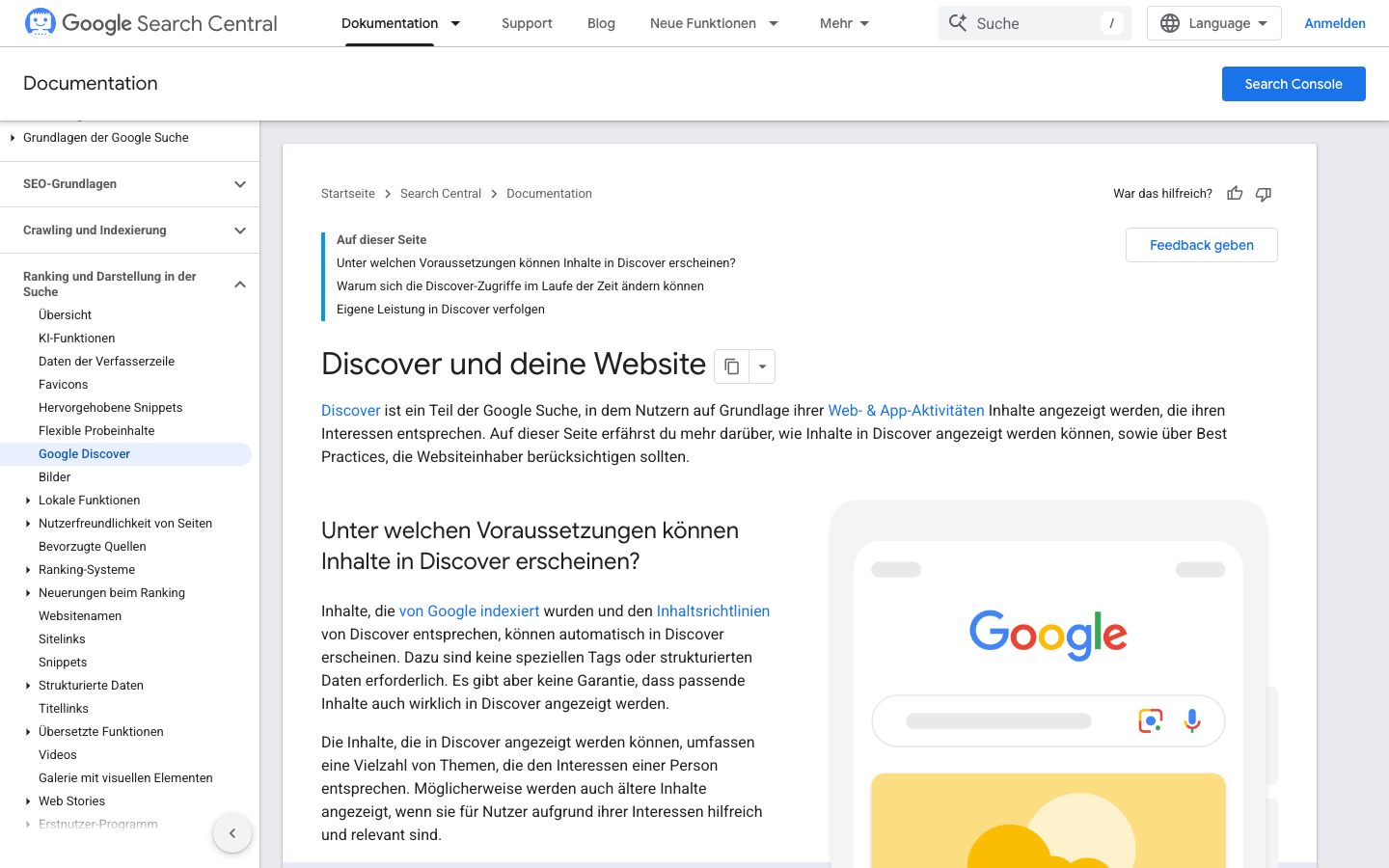 Google Search Central Dokumentation zu Google Discover auf developers.google.com