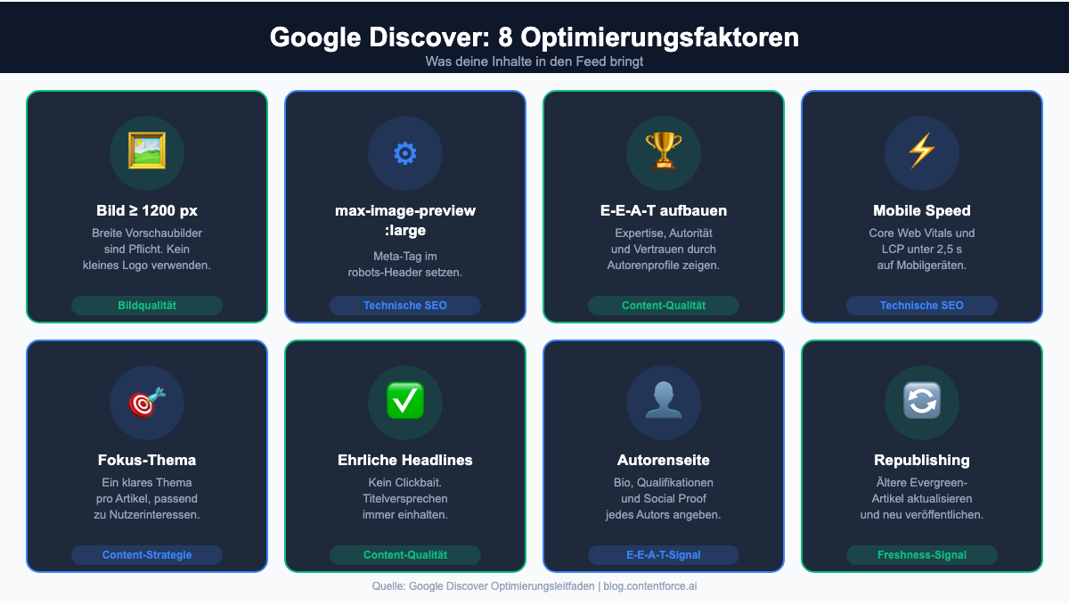 Google Discover: 8 Optimierungsfaktoren - Bild mindestens 1200px, max-image-preview:large, E-E-A-T aufbauen, Mobile Speed, Fokus-Thema, ehrliche Headlines, Autorenseite, Republishing