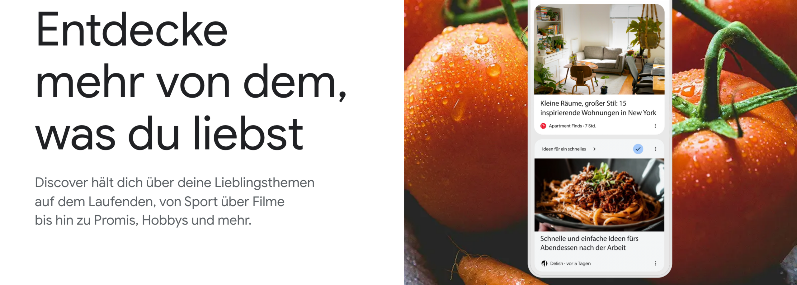 Google-Produktseite zu Discover mit einem Smartphone, das echte Feed-Karten mit Bild, Titel und Quelle zeigt.