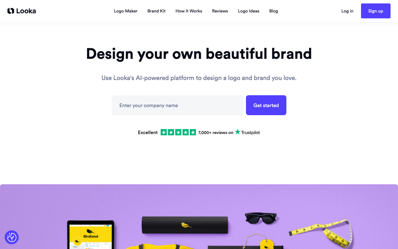 Looka AI logo generator homepage — Design your own beautiful brand