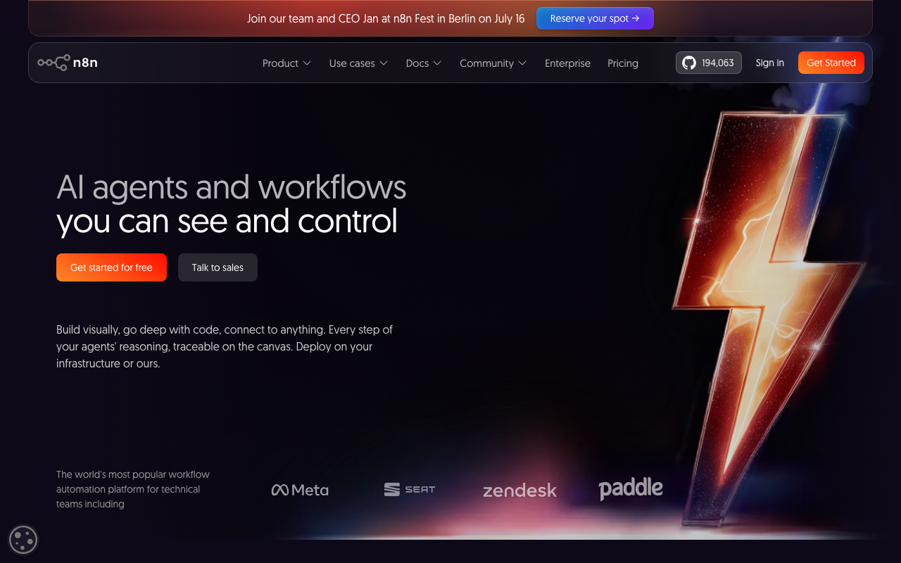 n8n homepage - open-source developer-first AI workflow automation platform