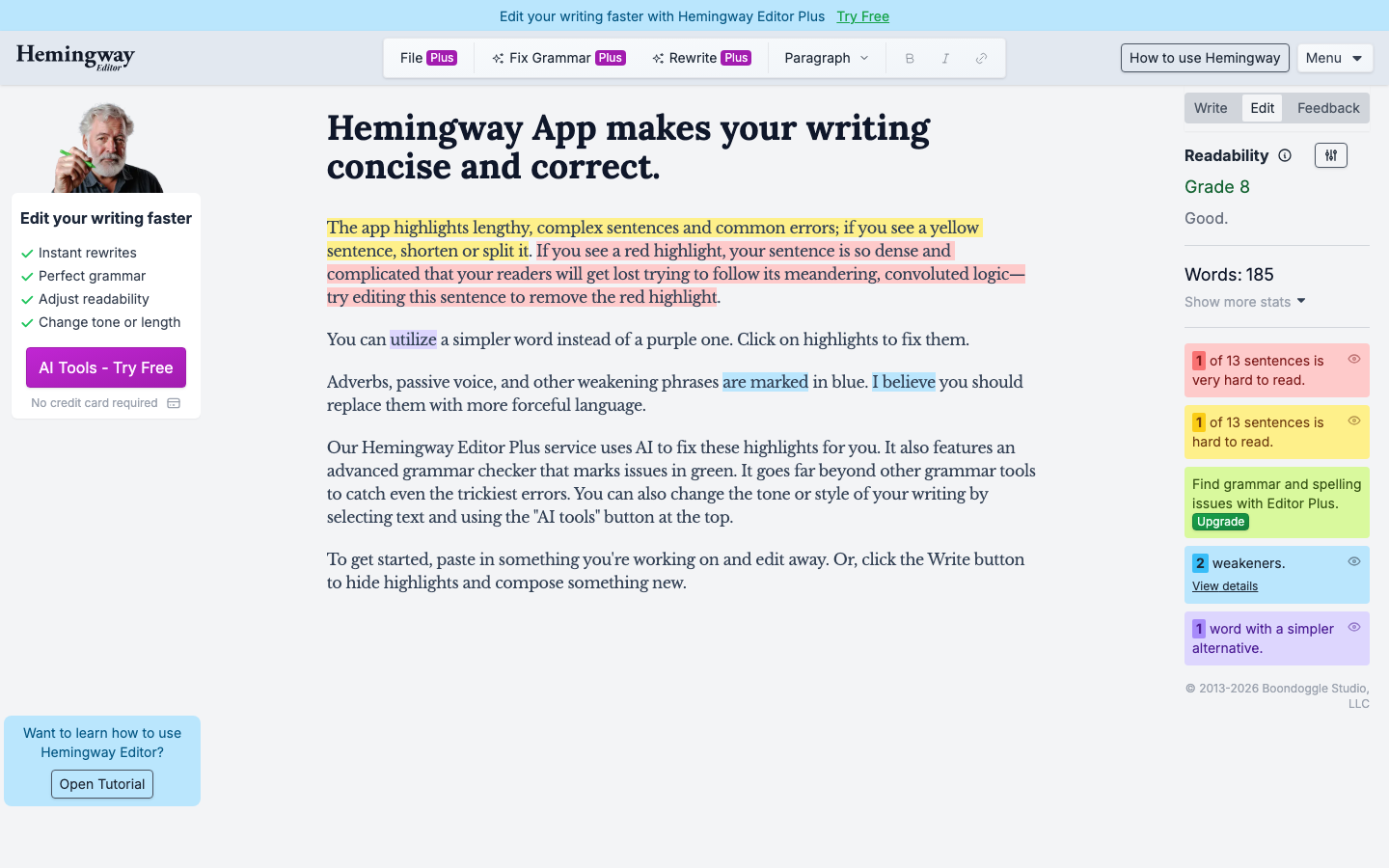 Hemingway Editor app showing the readability-focused writing interface