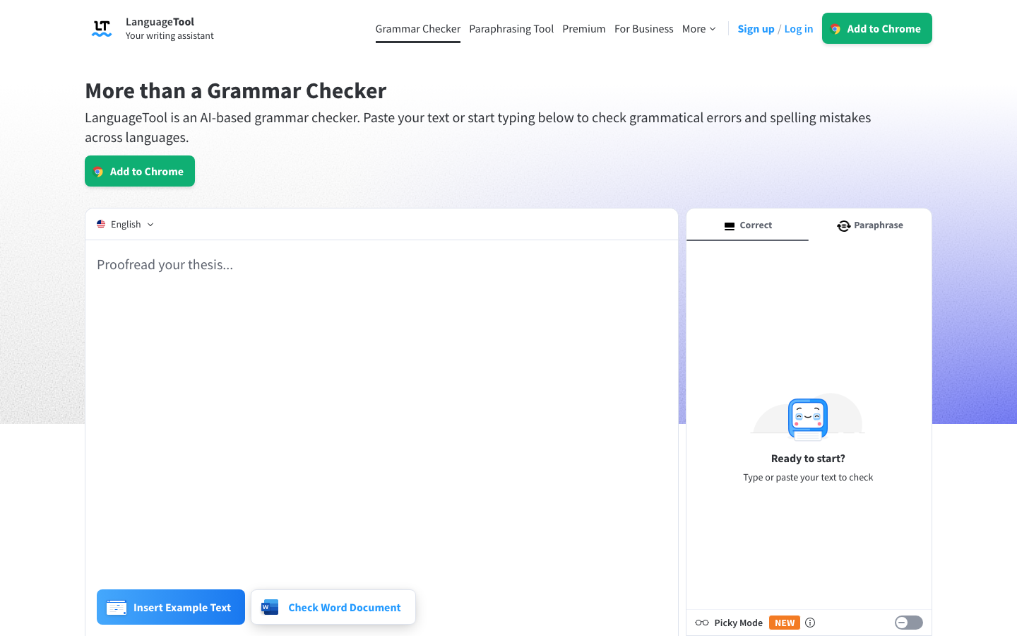 LanguageTool homepage showing the free grammar checker interface with multilingual support
